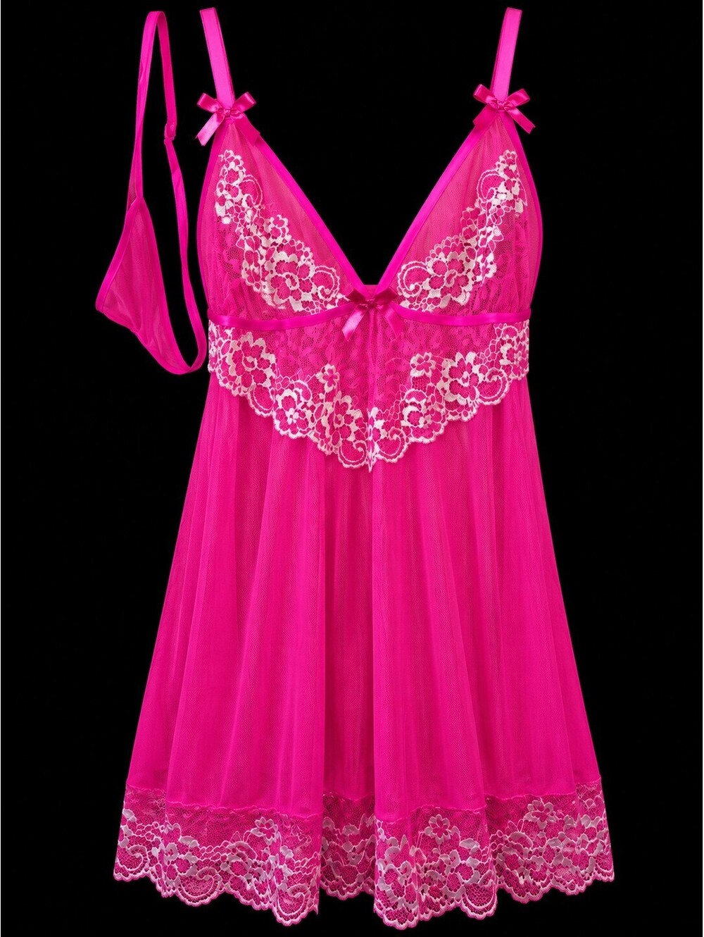 Pink Lace Trim Sheer Babydoll Nightwear with Matching Thong